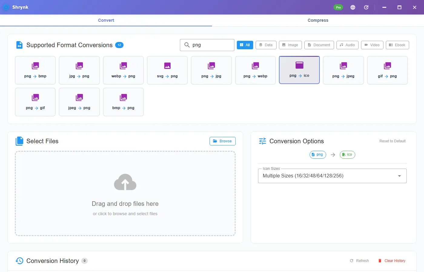 Shrynk Convert tab: png → ico selected. Icon sizes control, default multi.